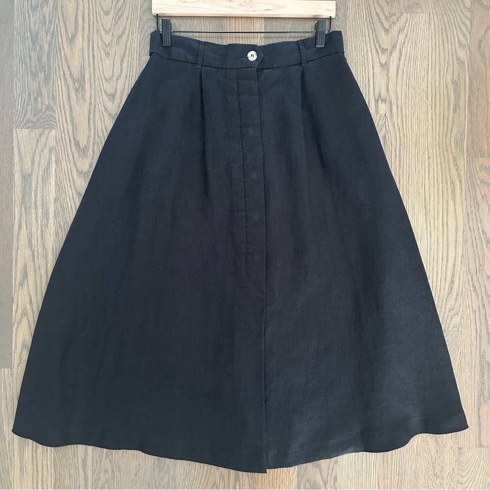 Vintage Saks Fifth Avenue High Waist A-Line 100% Linen Midi Skirt in Black Large